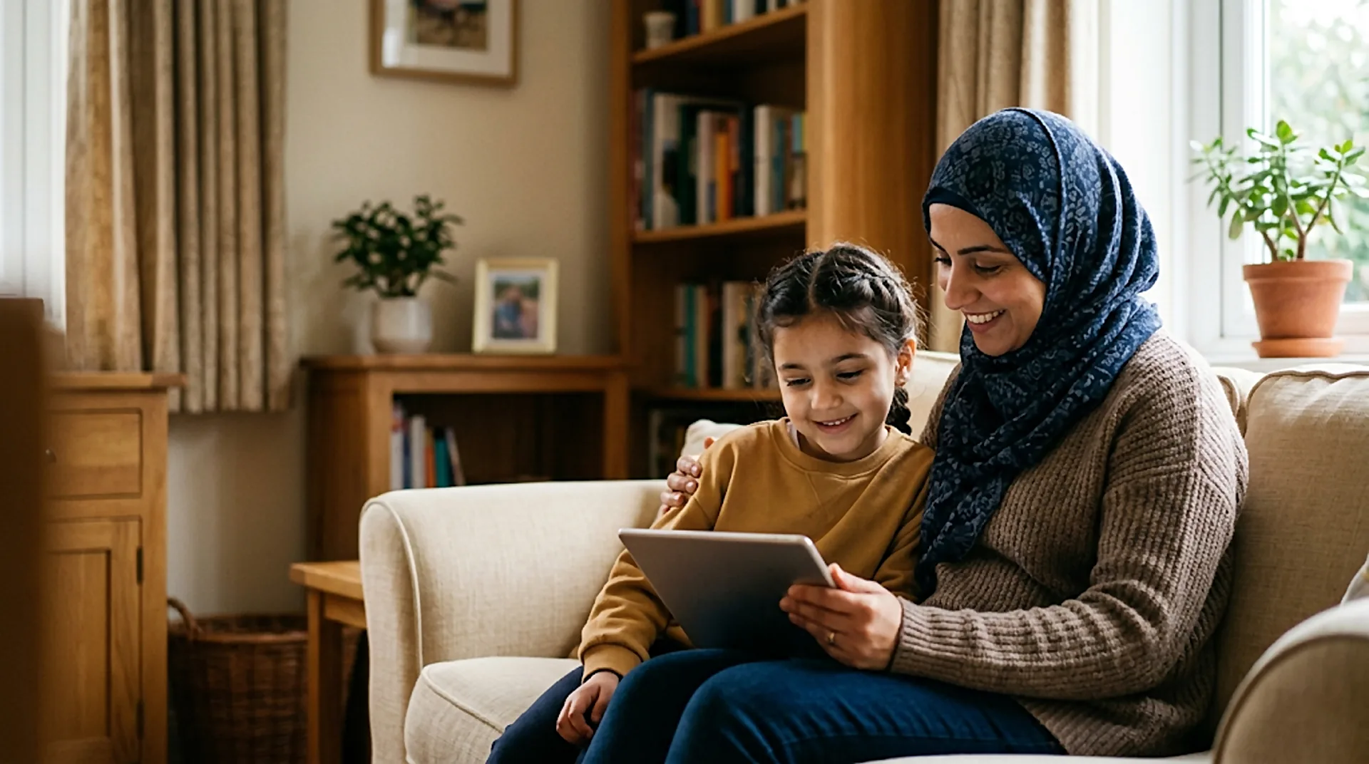 UK Muslim parent and child reading together