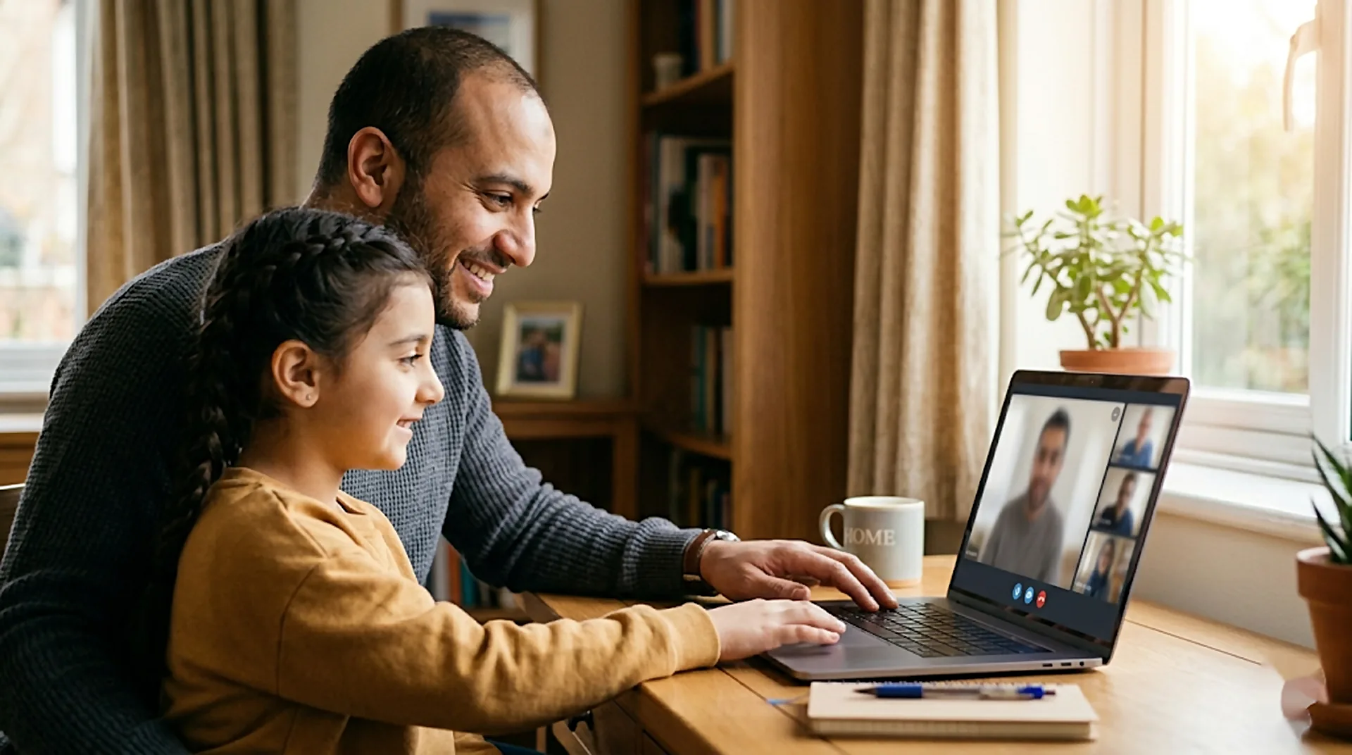 Parent sitting beside child during an online Quran class on a laptop