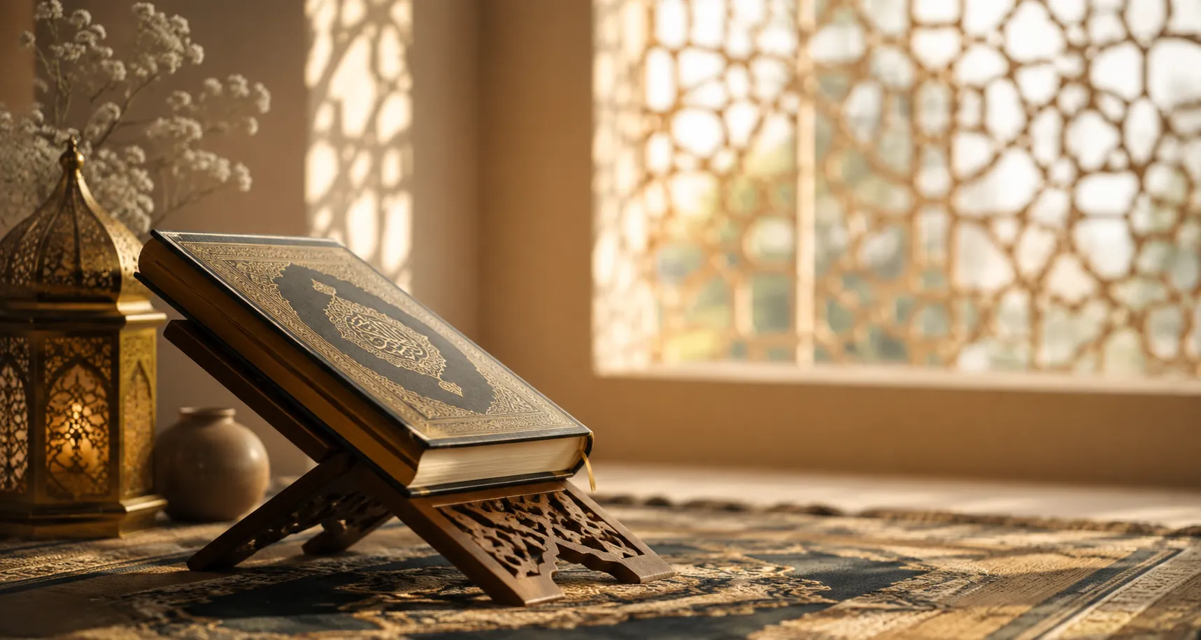 Quran resting open on a wooden stand beside a lit lantern, warm sunlight through a latticed window