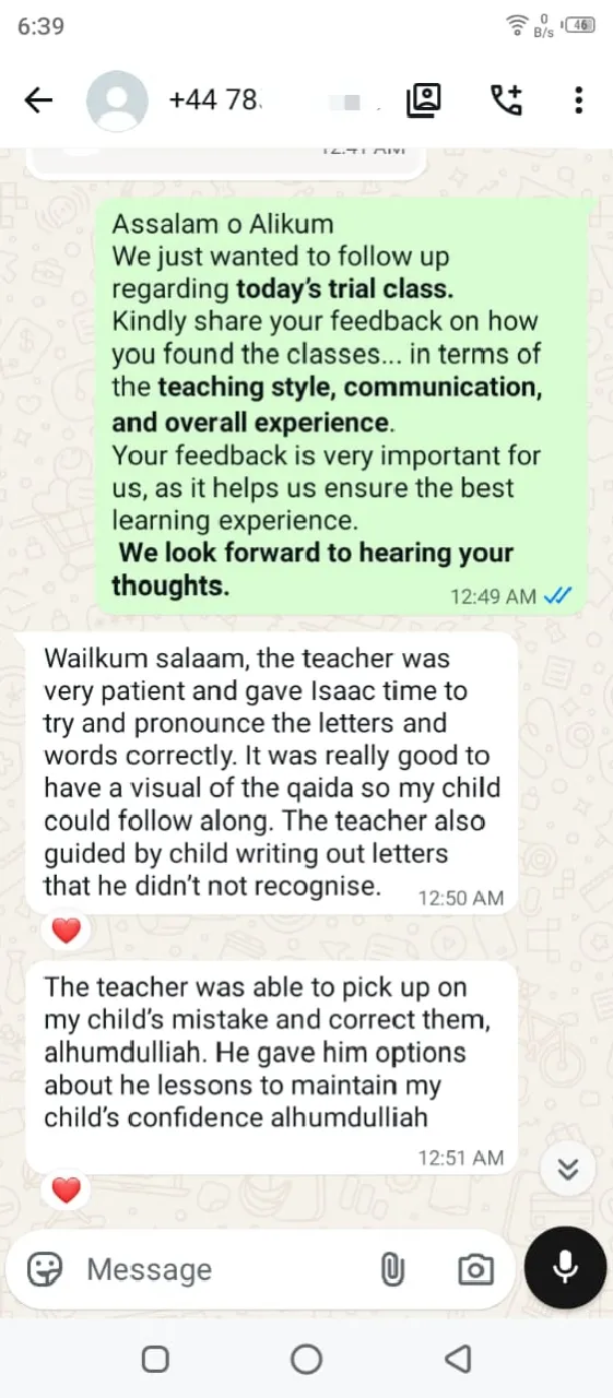 Parent feedback for Ease Quran UK — WhatsApp review 1