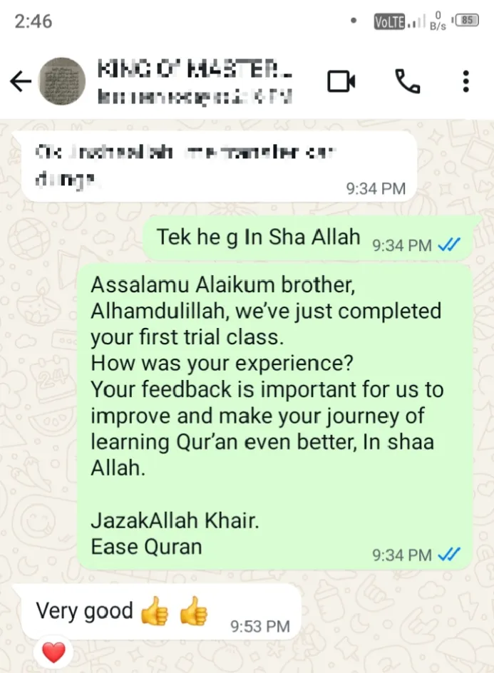 Parent feedback for Ease Quran UK — WhatsApp review 2