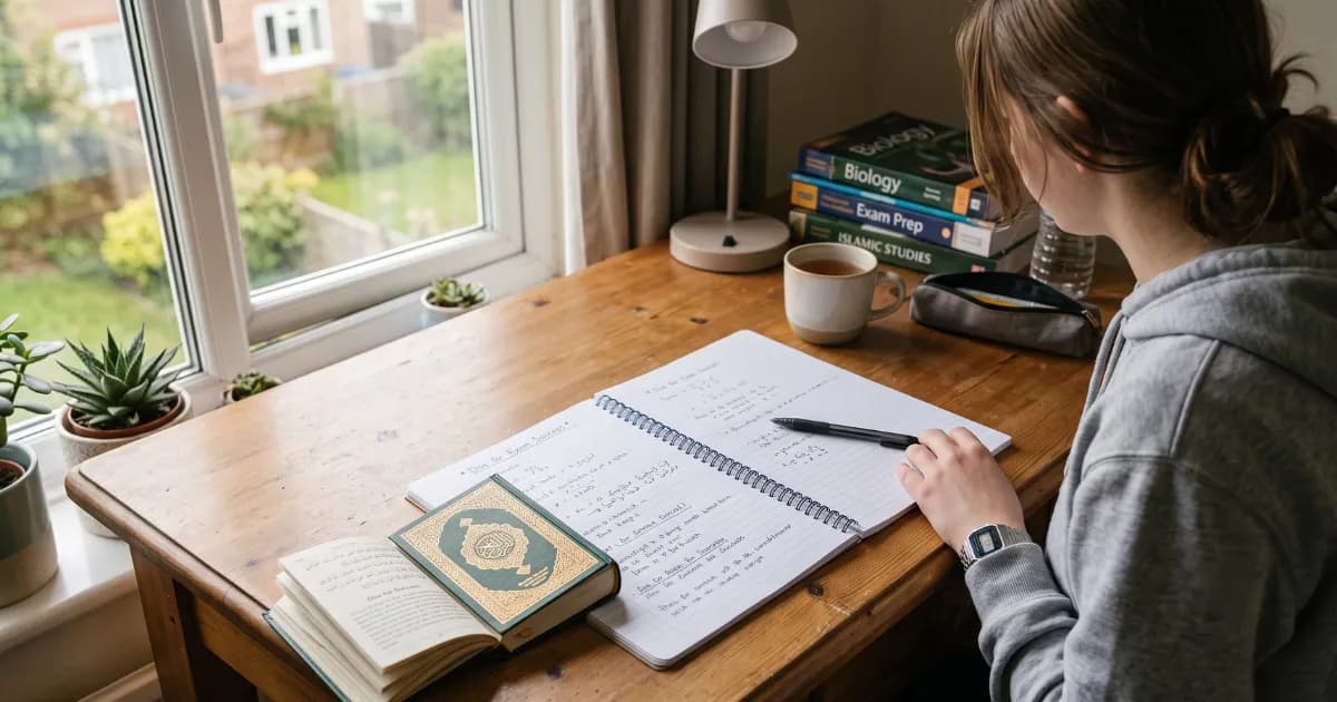 Student's desk with an open notebook and a small dua book in soft natural light
