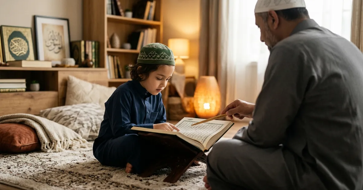 Child reading the Quran with a teacher in a warm home learning setting