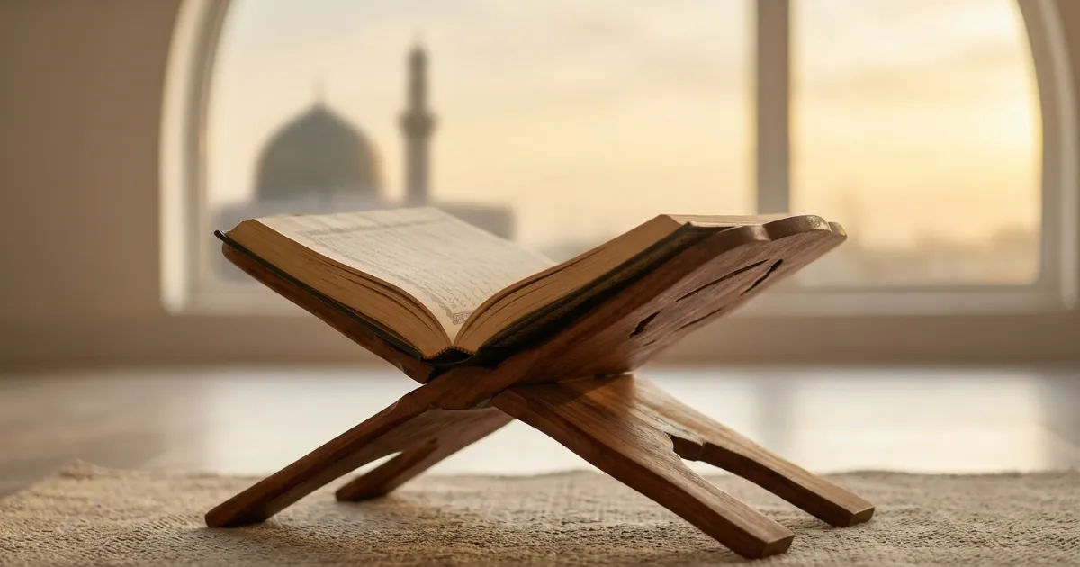 Open Quran resting on a wooden stand in warm Friday morning light